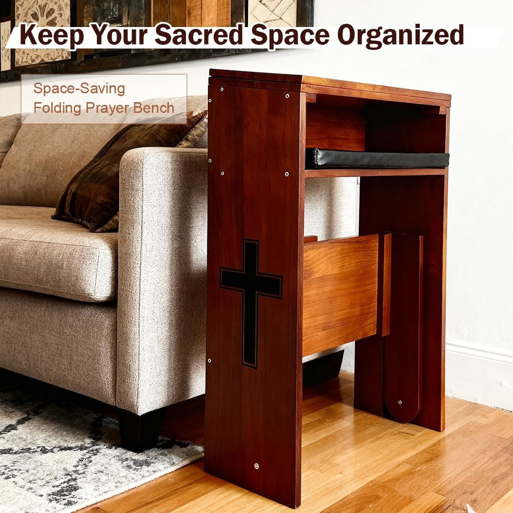 Wooden Prayer Kneeler with Storage Shelf & Cushion - Folding Prayer Bench for Home and Church, Comfortable Kneeling