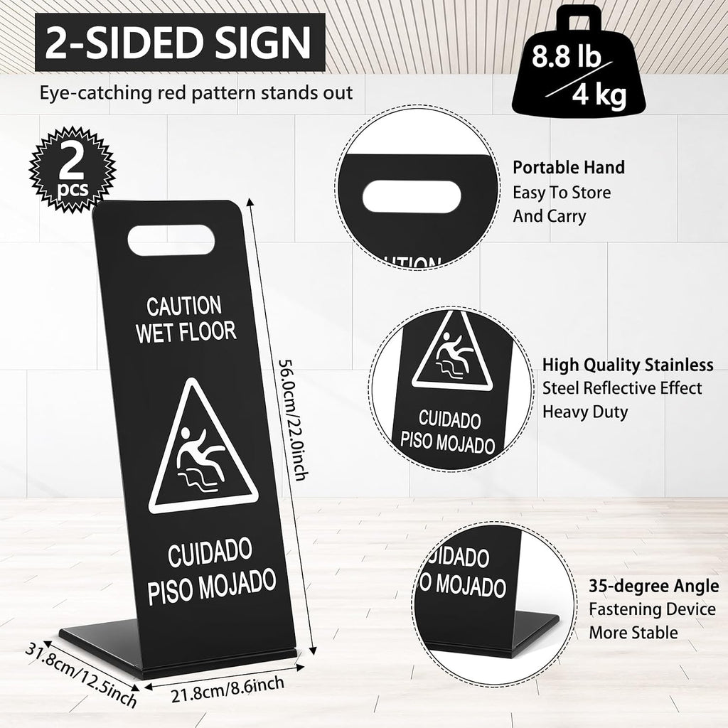 2 Pcs Stainless Steel Caution Wet Floor Sign 22 Inch Heavy Duty Bilingual Wet Floor Sign Portable L-frame Safety