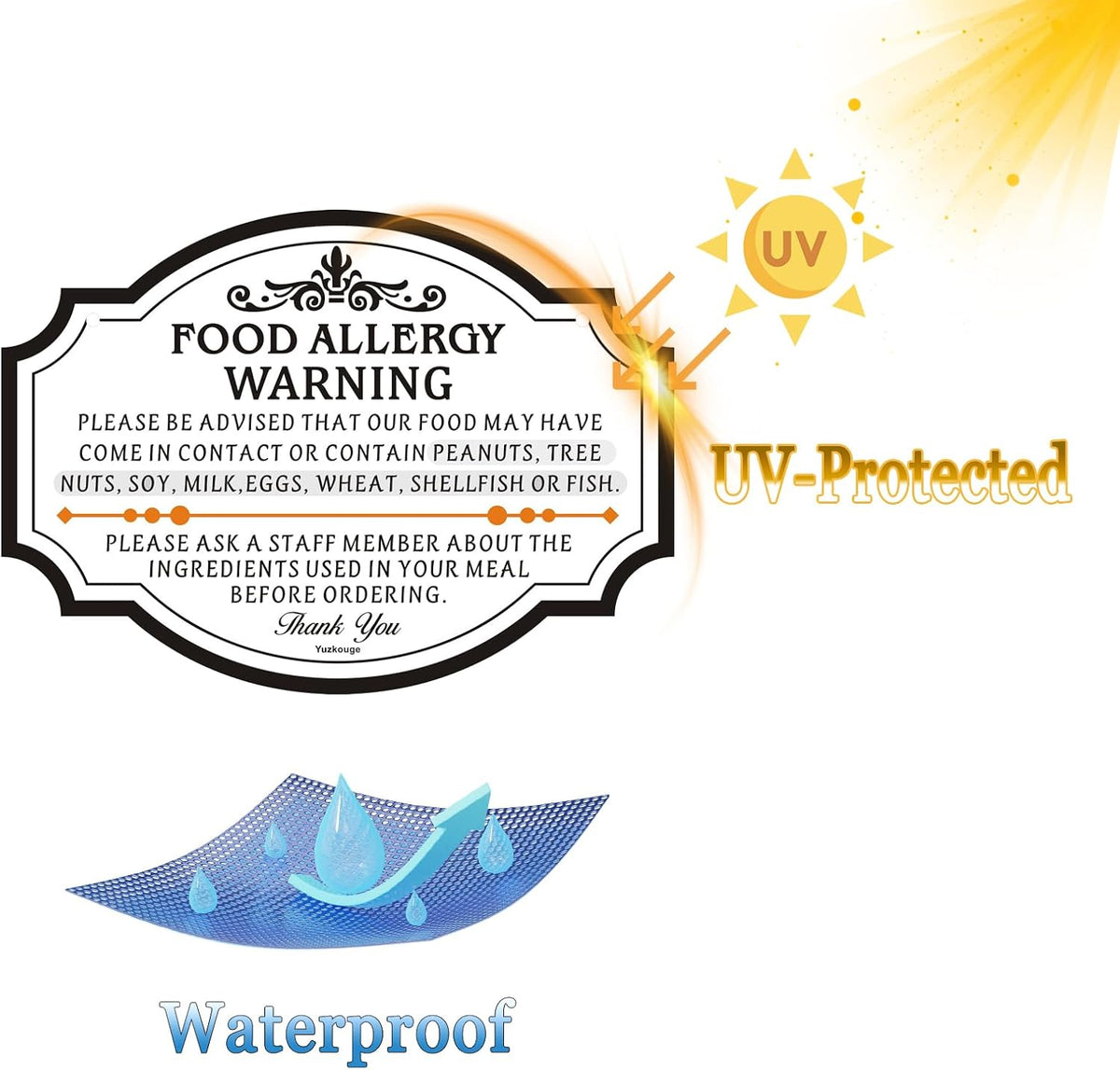 Food Allergy Warning Sign With Self - adhesive, 2 Pack 10x7 In, Acrylic