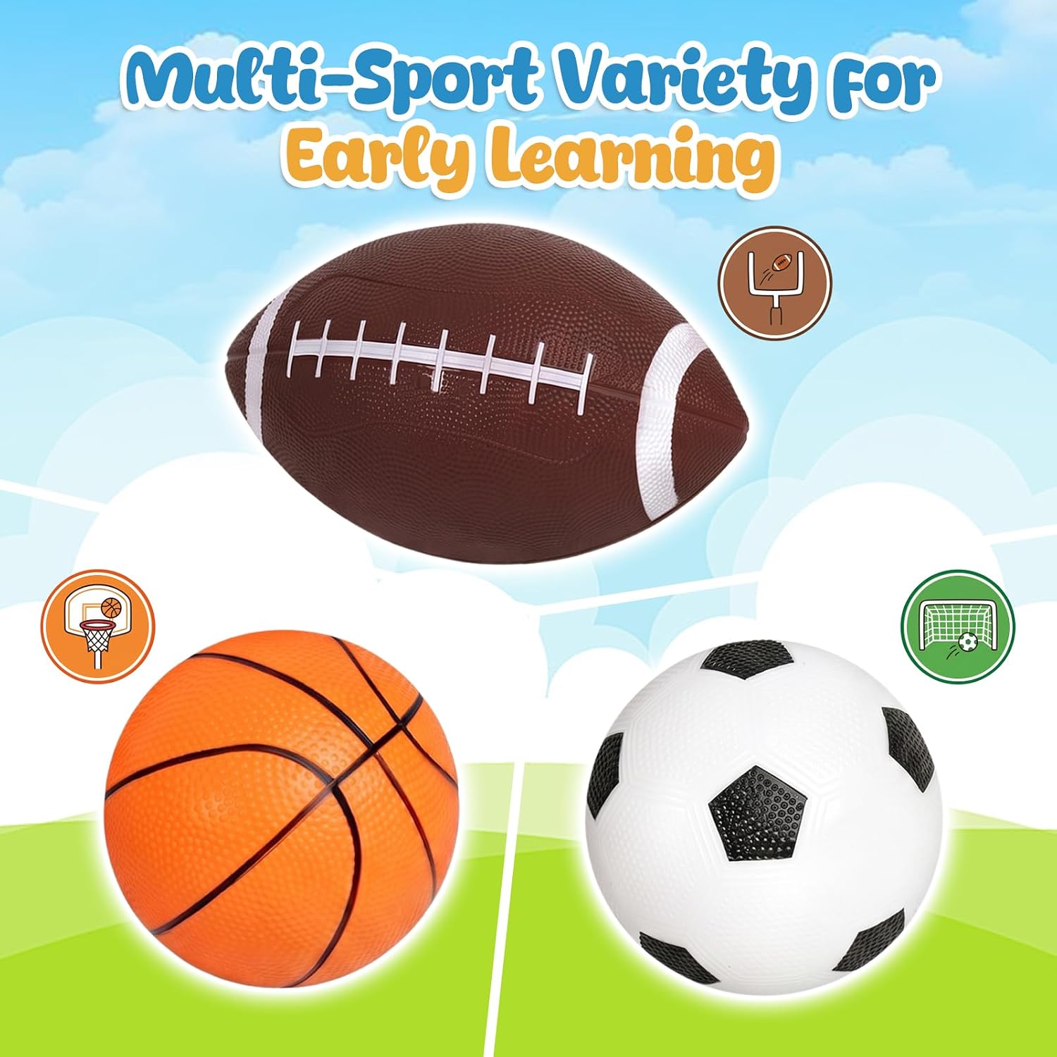 3-Pack Sports Balls, 5-Inch Soccer Ball, Basketball & 7 Inches Footballs for Toddlers 1-3, Adults, Party Favors for