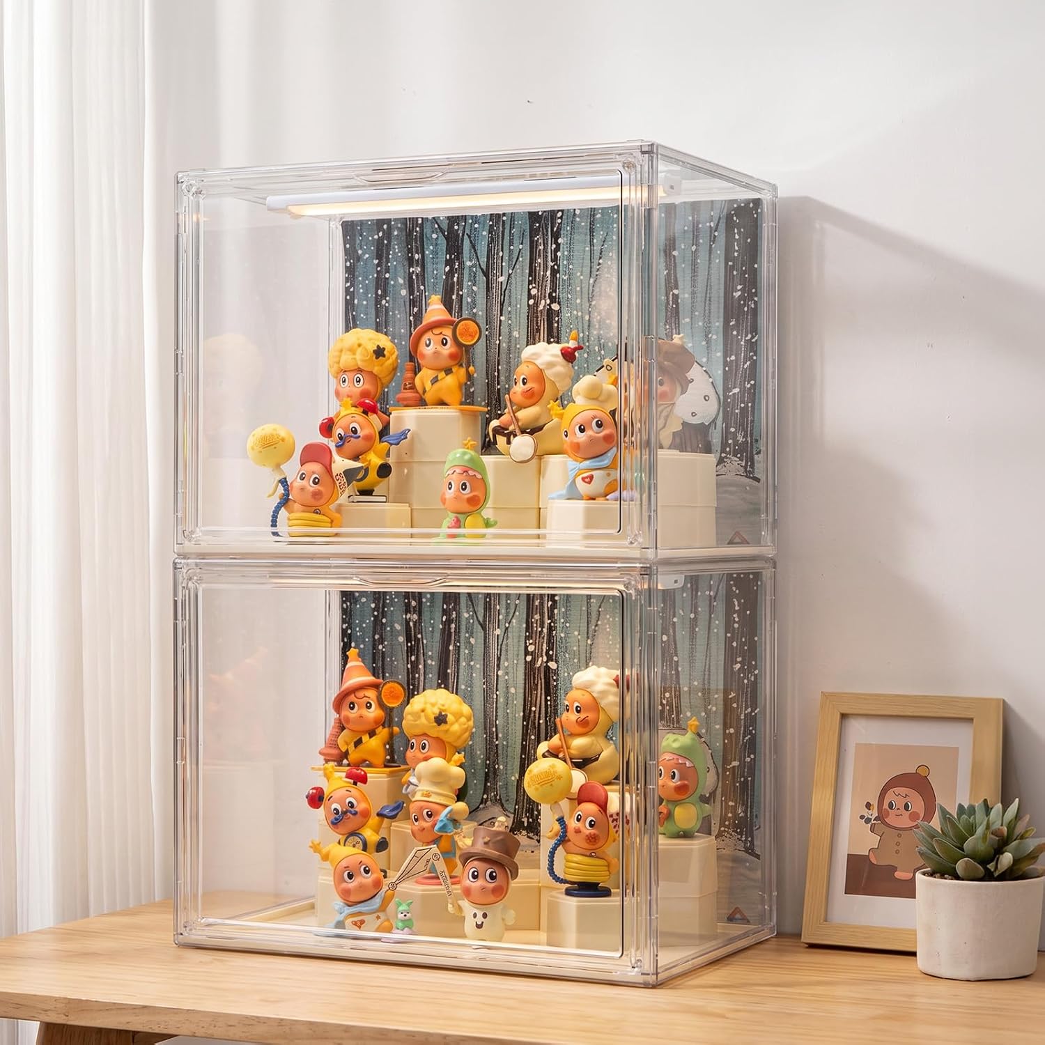 Clear Acrylic Display Cases for Collectibles with LED Light,DIY Scene, with Backdrop, No Dust , No Moisture, for
