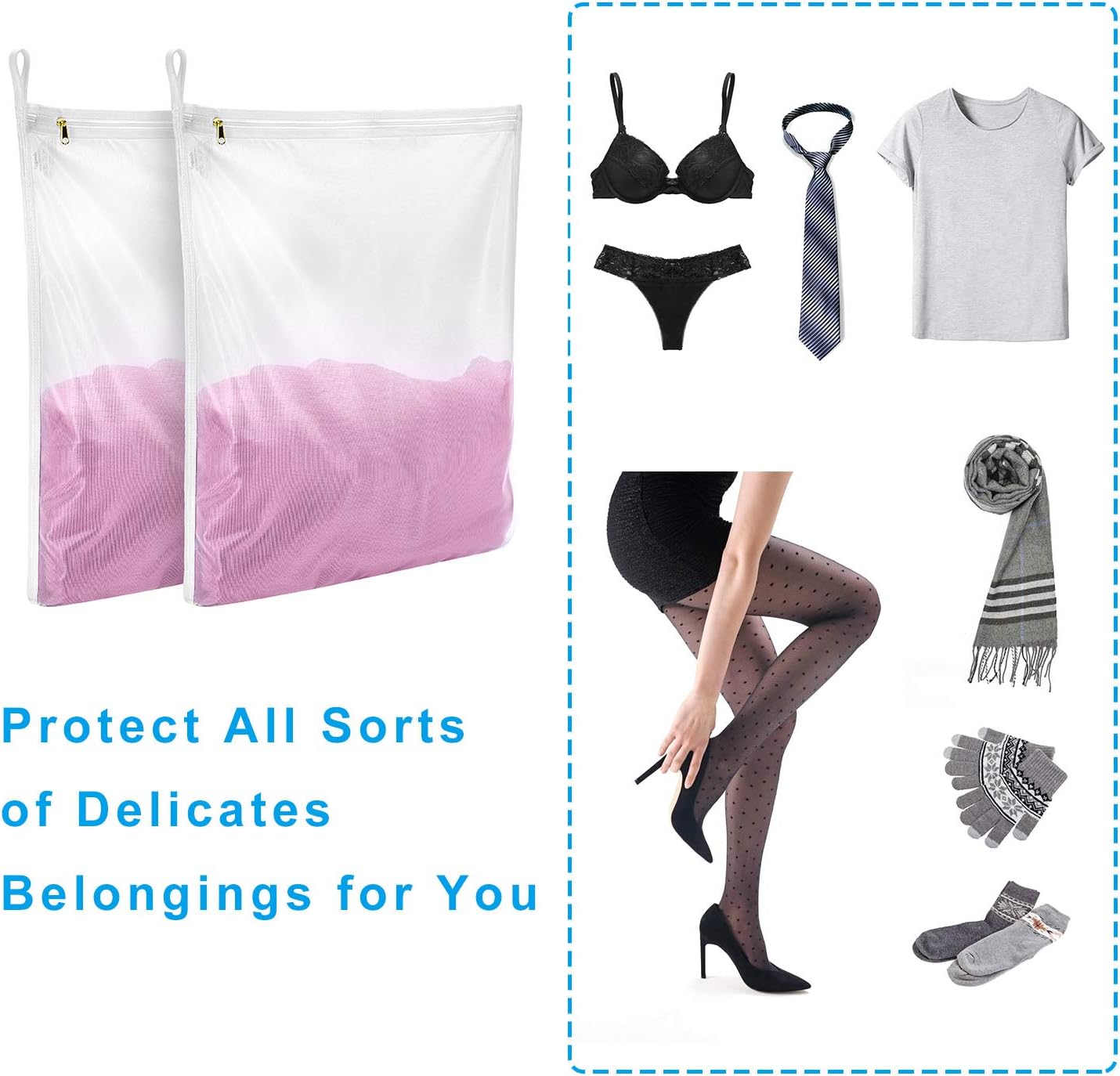 2 Pack Delicates Laundry Bags, Fine Mesh Wash Bag with Hanging Loop | Large for Lingerie, Shirts, Sweaters