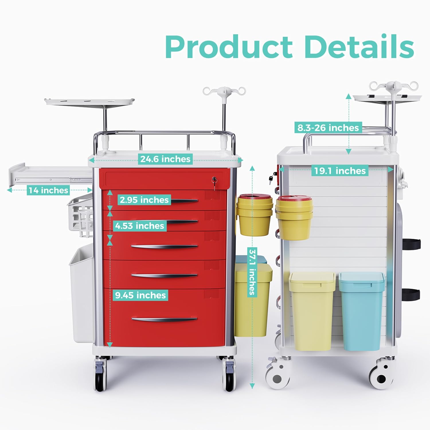 Medical Emergency Rolling Crash Cart with Drawers and Silent Casters | Adjustable IV Pole, Needle Disposal Holder