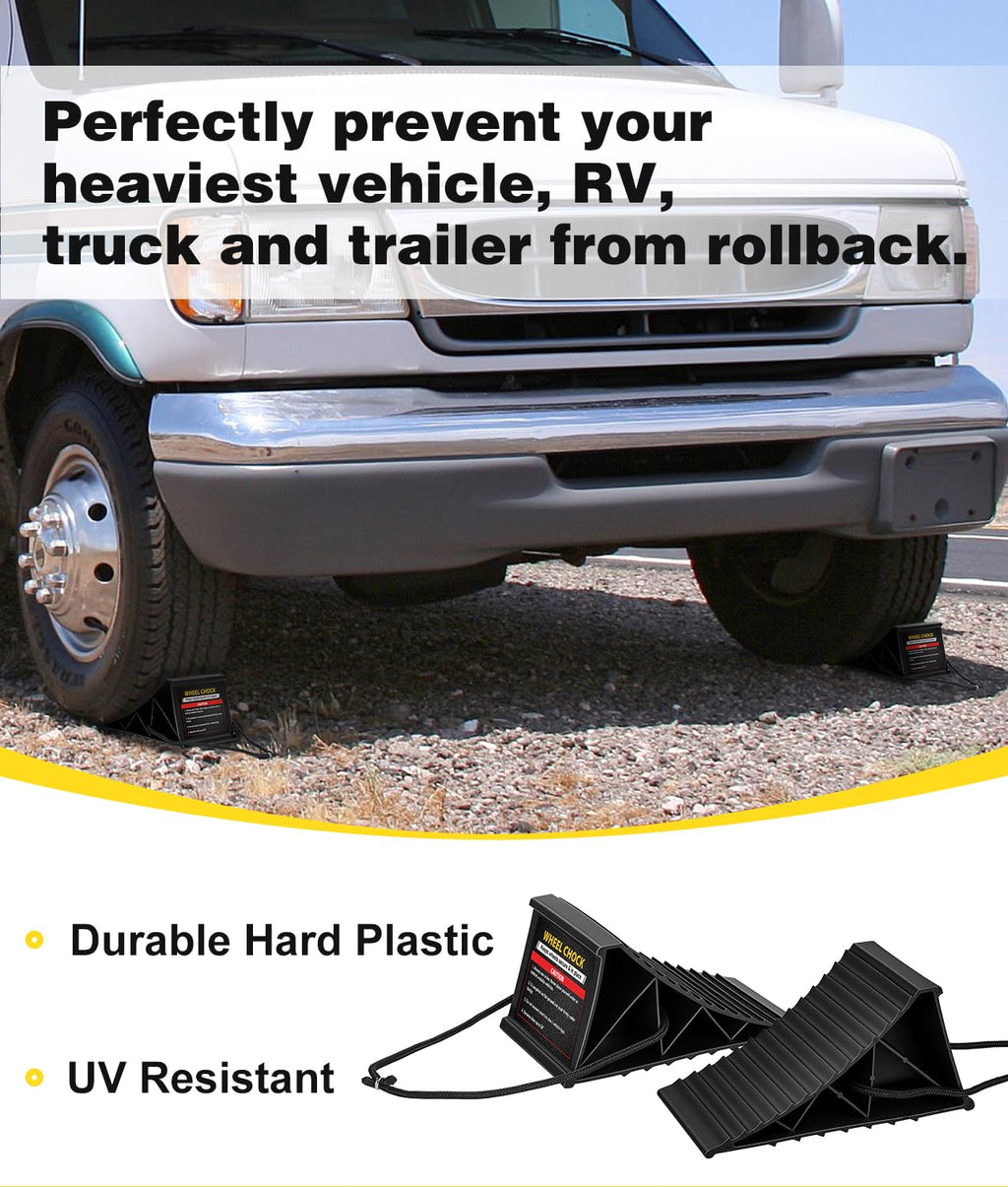 Wheel Chocks, 4Pack Heavy Duty Wheel Chocks with Rope, Black