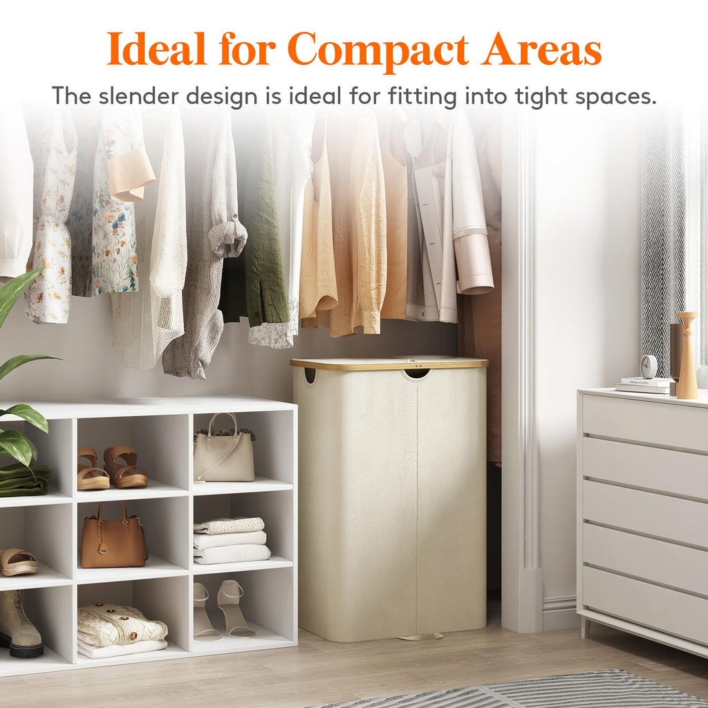 170L Double Laundry Hamper with Lid and Removable Bag, Beige