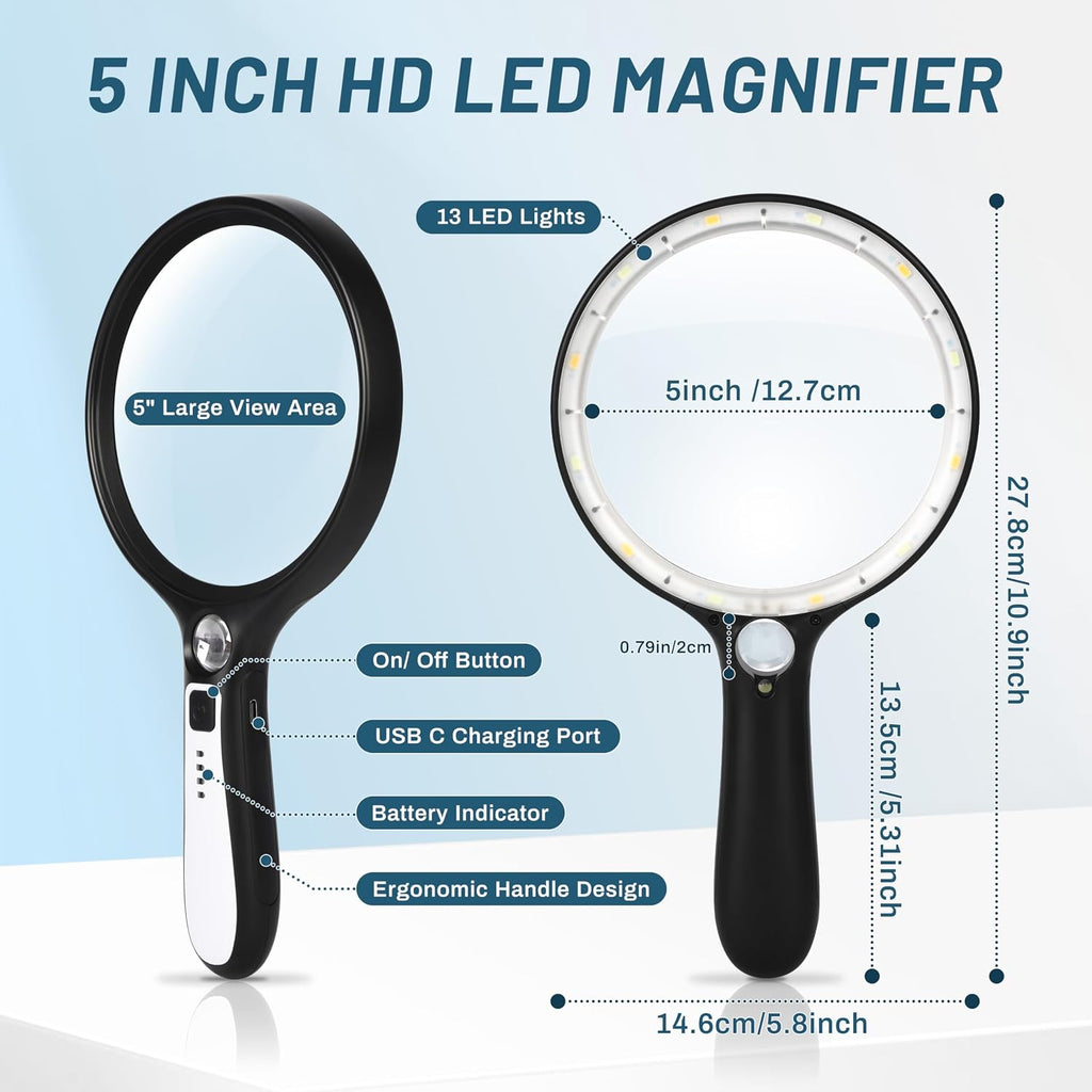 Large Magnifying Glass with Light: 10X 30X 5IN Lighted Handheld Magnifier with 13 LED Lights 3 Modes, 1150mAh