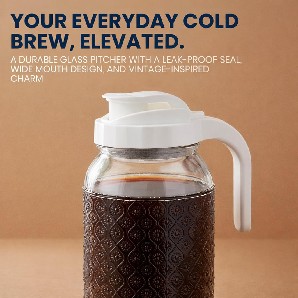 Cold Brew Coffee Maker 64 oz – Airtight Glass Mason Jar Pitcher Brewer with Leak-Proof Lid & Handle, Wide Mouth Iced