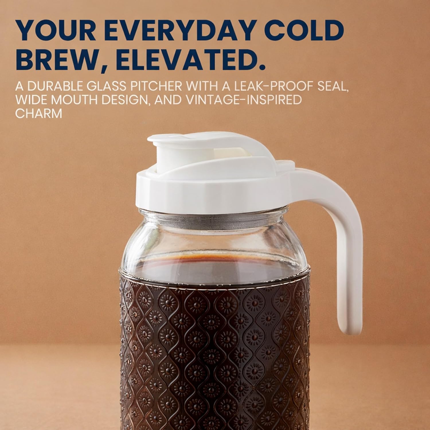 Cold Brew Coffee Maker 64 oz – Airtight Glass Mason Jar Pitcher Brewer with Leak-Proof Lid & Handle, Wide Mouth Iced