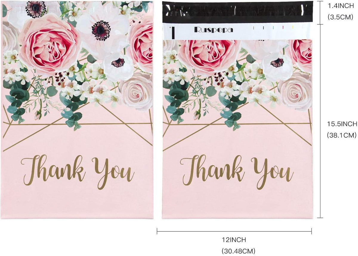 Poly Mailers Shipping Bags Thank You Notes Flowers Surrounded 3 Mil Heavy Duty Self Seal Mailing Envelopes - Pink, 12