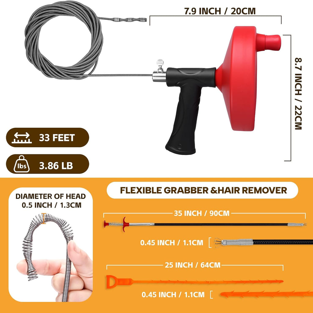 Drain Auger 33 ft, Plumbing Snake Hair Clog Remover | Drain Snake Flexible Grabber Heavy Duty Sink Cleaner Tools for