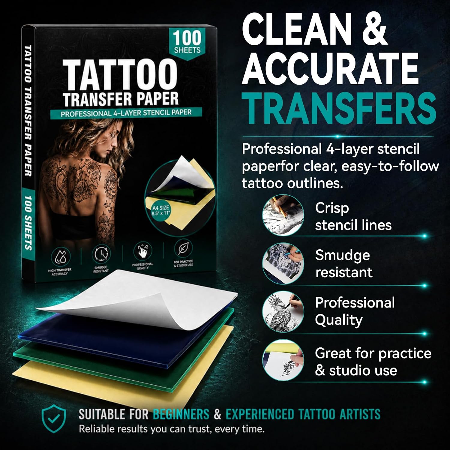 100 Sheets Tattoo Transfer Paper, Thermal Stencil Paper for Tattooing