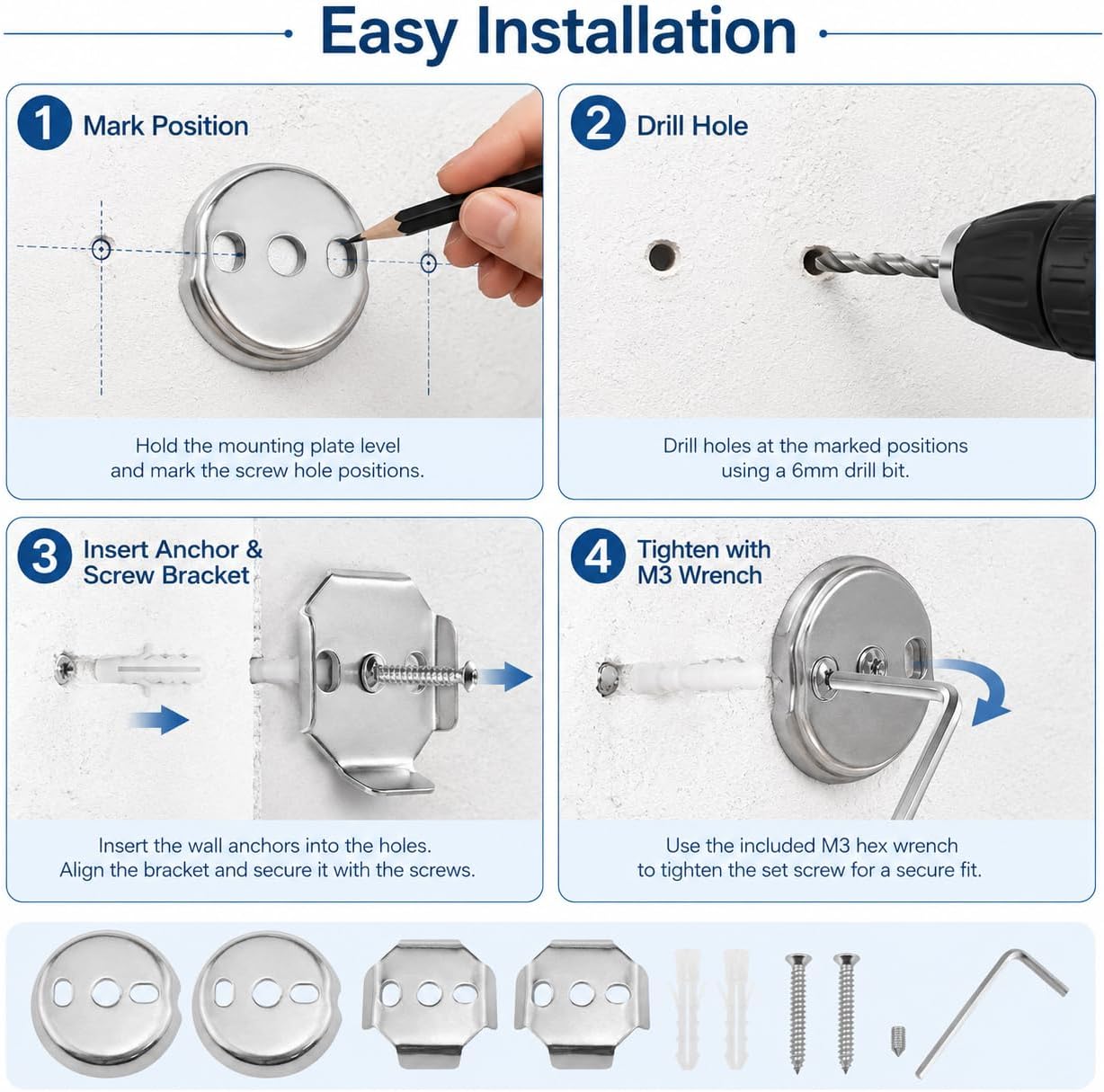 Towel Bar Mounting Hardware Universal Stainless Steel Bracket 1 Set | 2 Round and 2 Square Bases, Stainless Steel