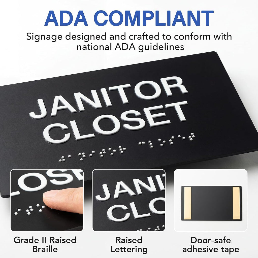 RESTROOM Signs with Raised Text & Grade 2 Braille, Matte Black Finish Easy Install with Double-Sided Tape, ADA