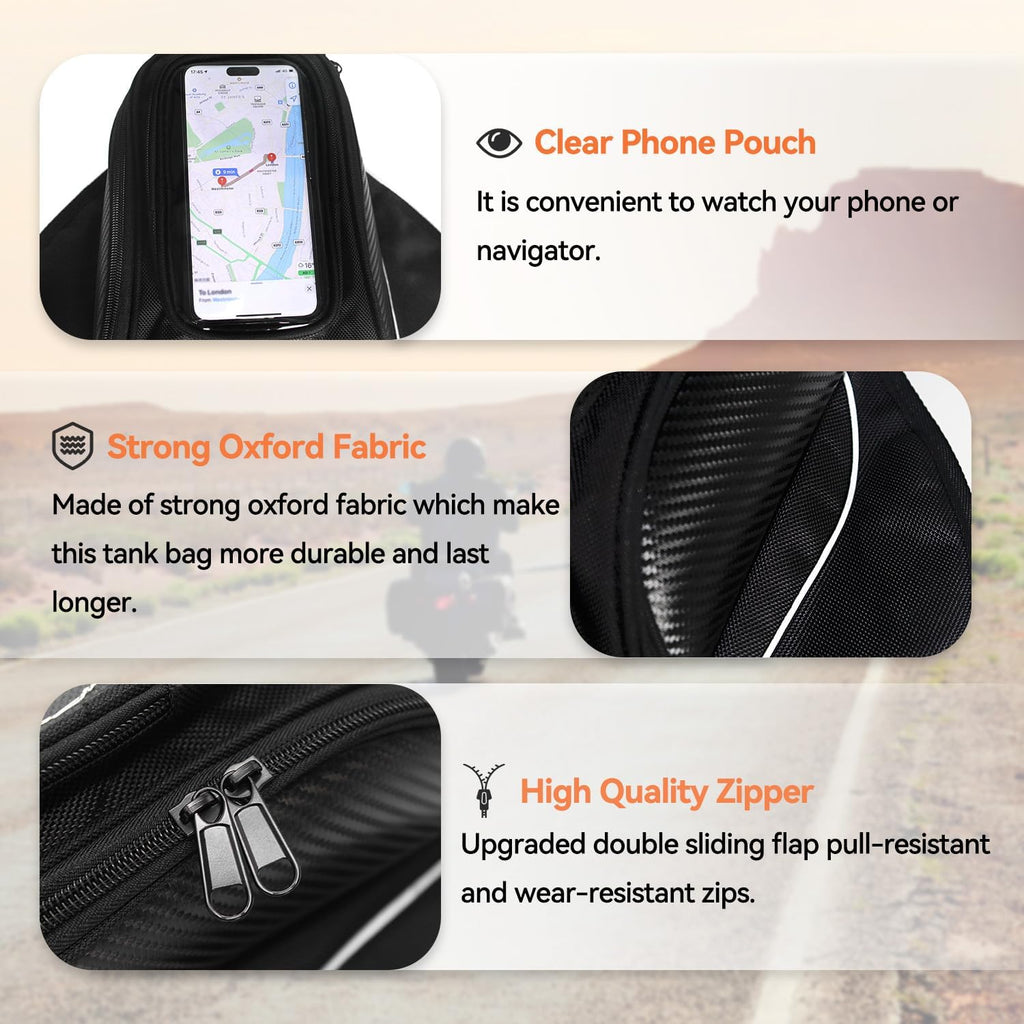 Motorcycle Tank Bag - Oxford Saddle Black Motorbike Bag - Strong Magnetic Bag for Honda Yamaha Suzuki Kawasaki Harley