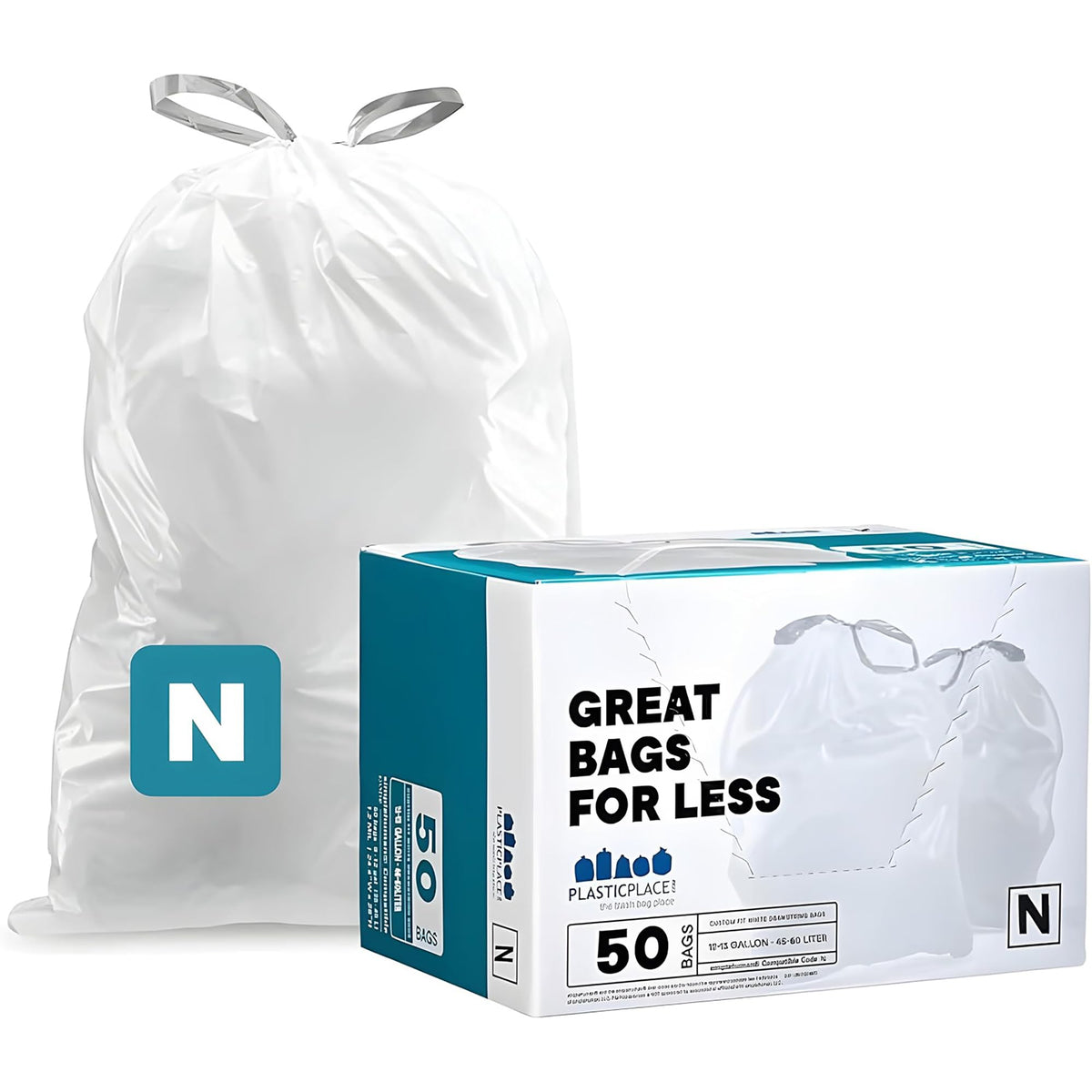 Custom Fit Trash Bags, Compatible with simplehuman Code N (50 Count) White Drawstring Garbage Liners 12-13 Gallon /