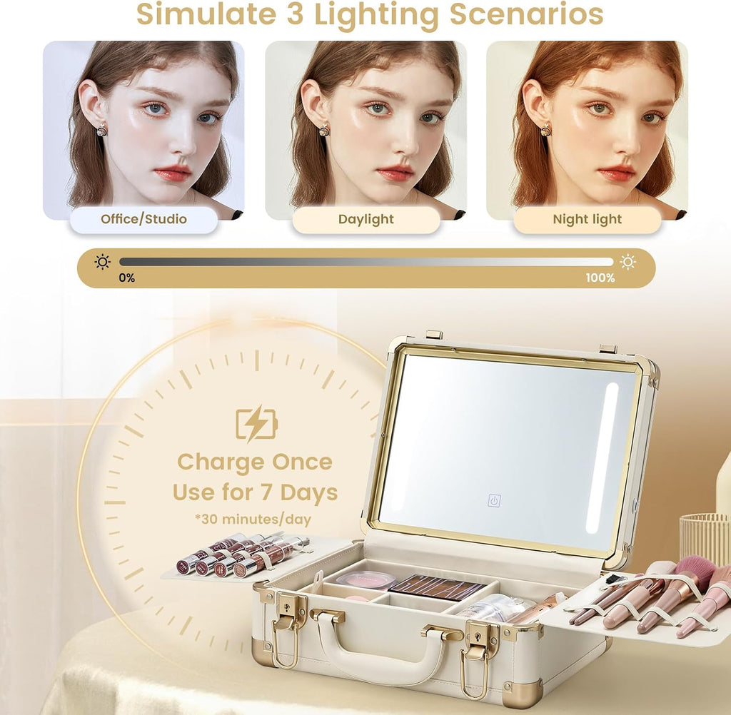 Lighted Makeup Case with Detachable Tray, Beige Vegan Leather Makeup Box Rechargable 3-Color LED Mirror, Travel Train