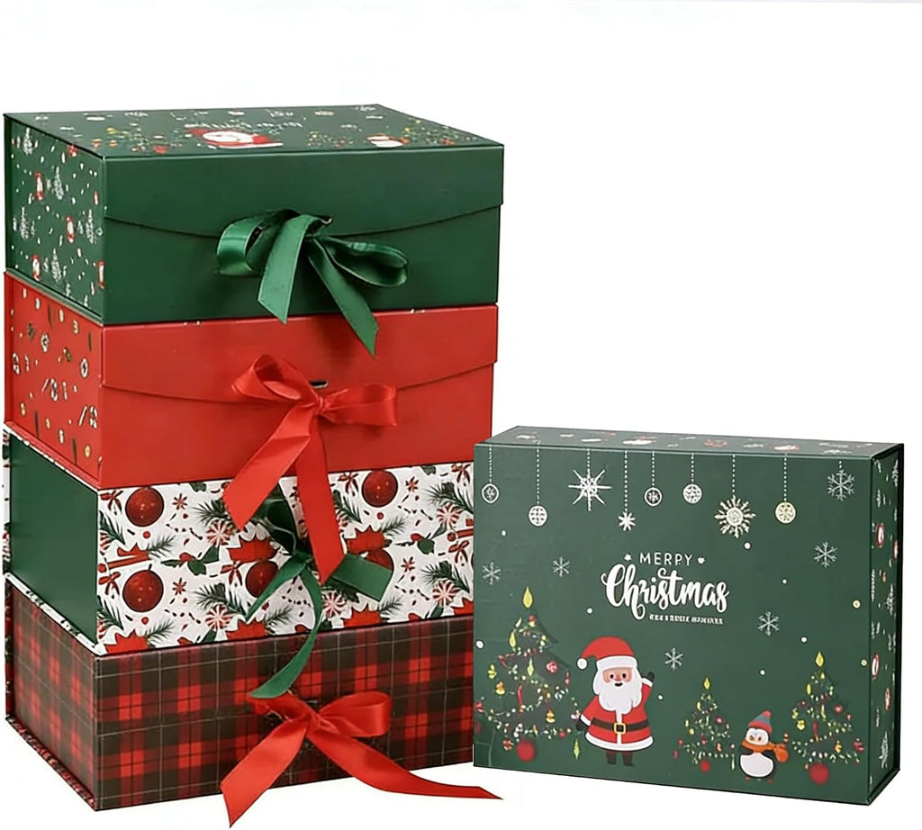Christmas Magnetic Gift Boxes with Lids, Collapsible Hardboard Gift Packaging, Red & Green Holiday Boxes for