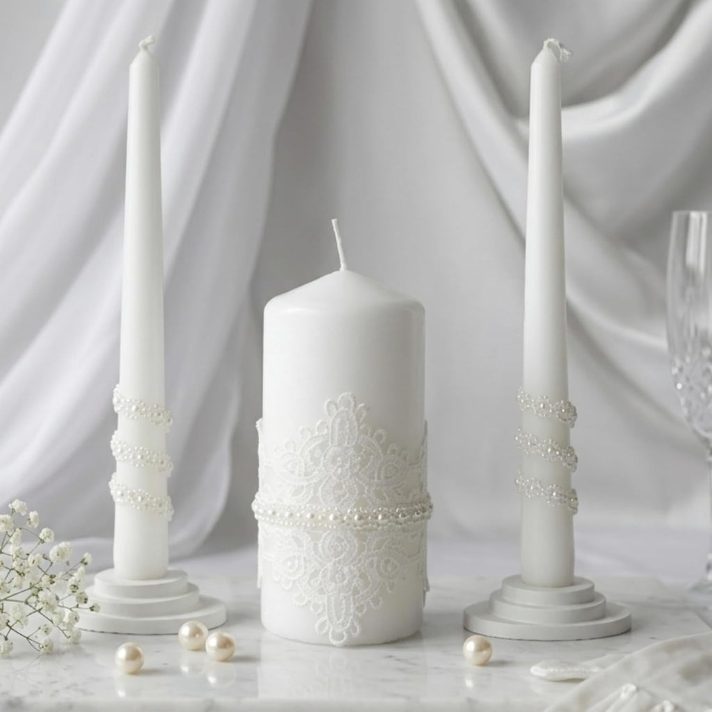 Lace Elegance Unity Candle Set for Wedding Ceremony & Reception, White Unity Candles with Pearl Decor, 6” Pillar &