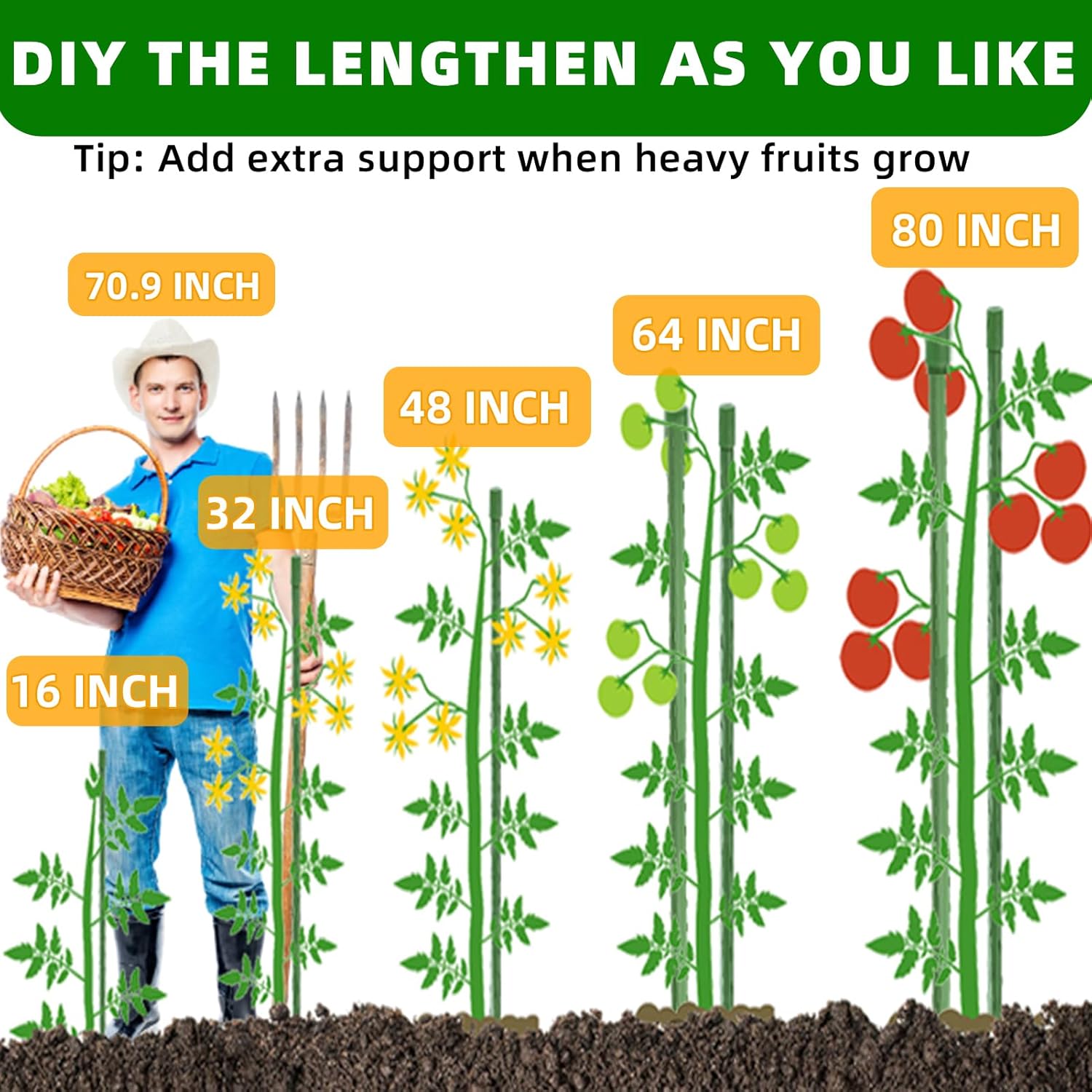 Garden Stakes 16 Inch 70 Pack, Diy 4ft 5ft 6ft 7ft 8ft Tomato Stakes Plastic Coated Metal Plant Sticks Stakes