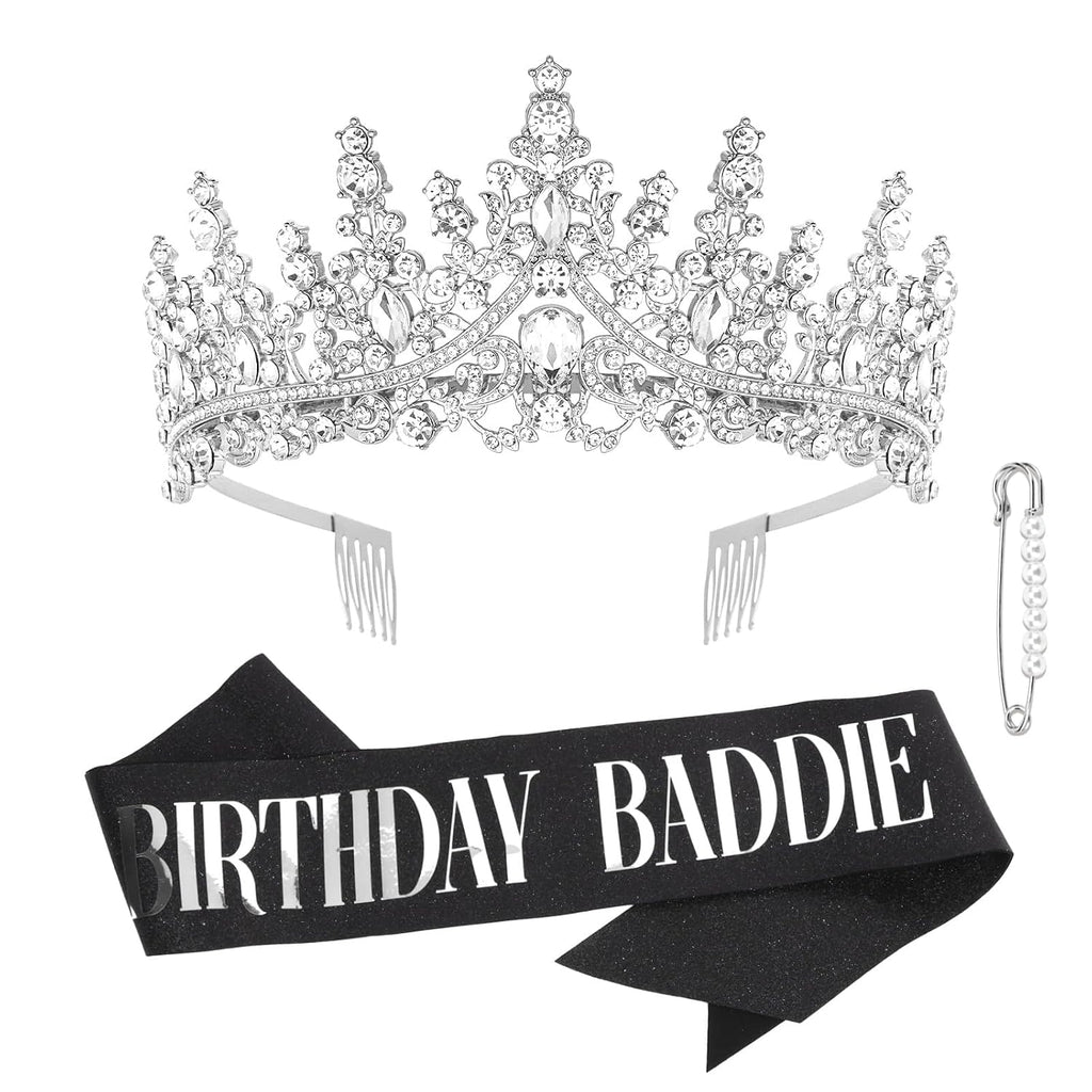 Silver Birthday Crown Adult Woman & Glitter Black Gothic Black Birthday Baddie Sash Princess Tiara for Party