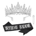Silver Birthday Crown Adult Woman & Glitter Black Gothic Black Birthday Baddie Sash Princess Tiara for Party
