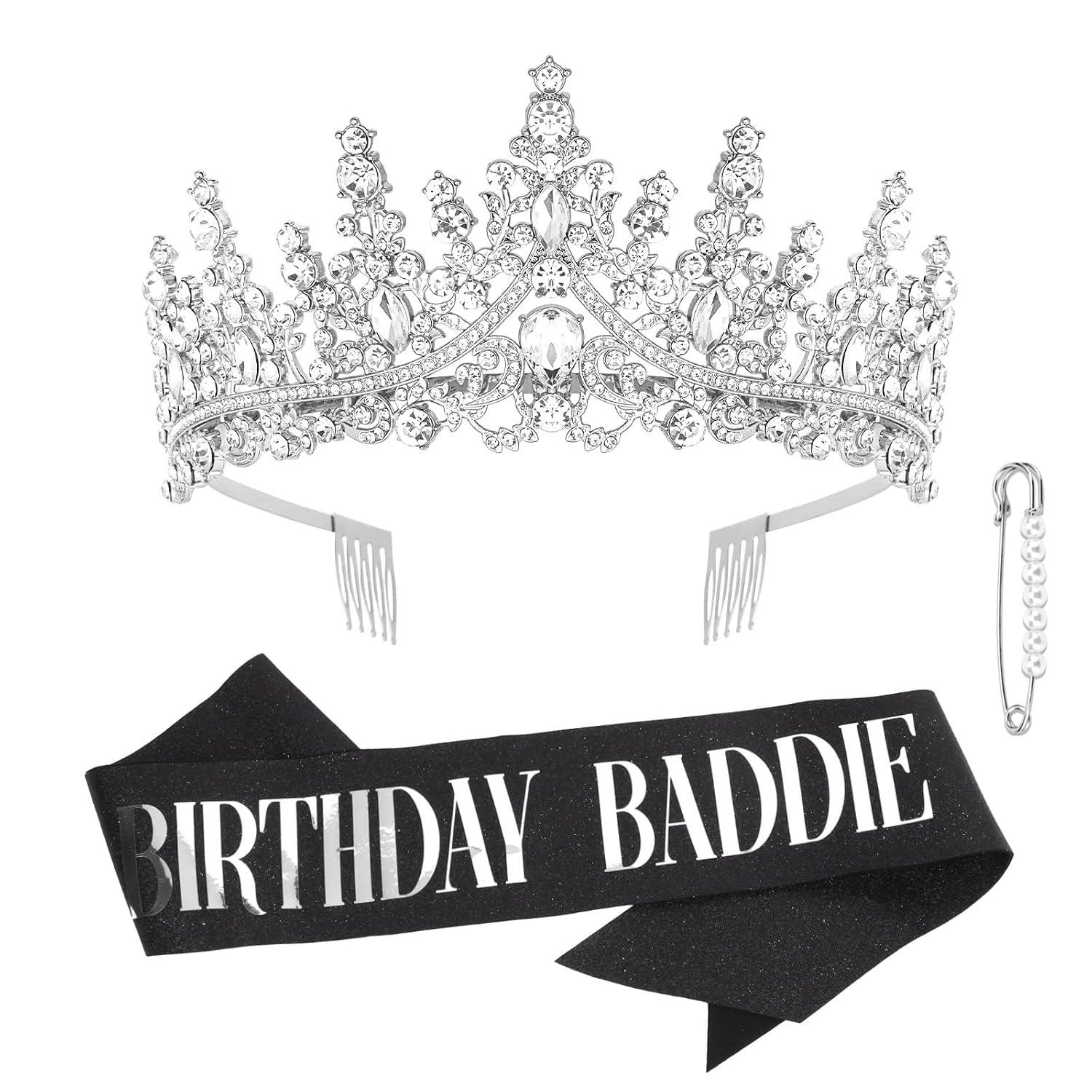 Silver Birthday Crown Adult Woman & Glitter Black Gothic Black Birthday Baddie Sash Princess Tiara for Party