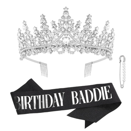 Silver Birthday Crown Adult Woman & Glitter Black Gothic Black Birthday Baddie Sash Princess Tiara for Party