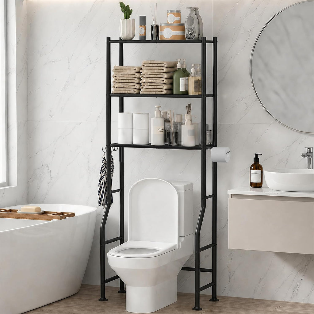 3-Tier Over Toilet Storage, Anti-Tilt, 64" H, Black | Anti-Tilt Safety System, 150lb Capacity, Carbon Steel