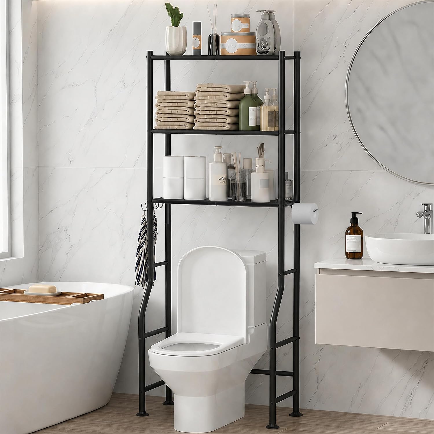 3-Tier Over Toilet Storage, Anti-Tilt, 64" H, Black | Anti-Tilt Safety System, 150lb Capacity, Carbon Steel