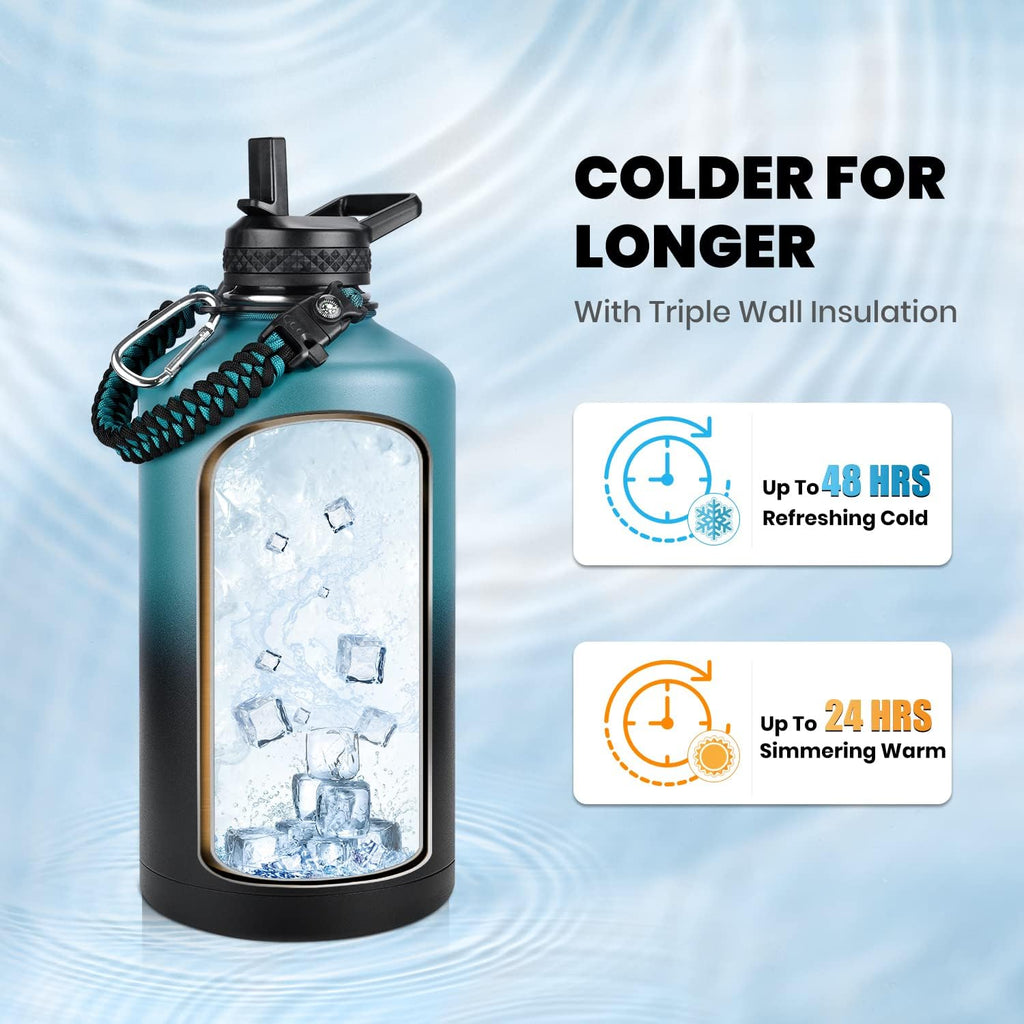 One Gallon Water Bottle Insulated 128 oz, Stainless Steel | Triple Walled Vacuum (Cold for 48 Hrs), Leak Proof &