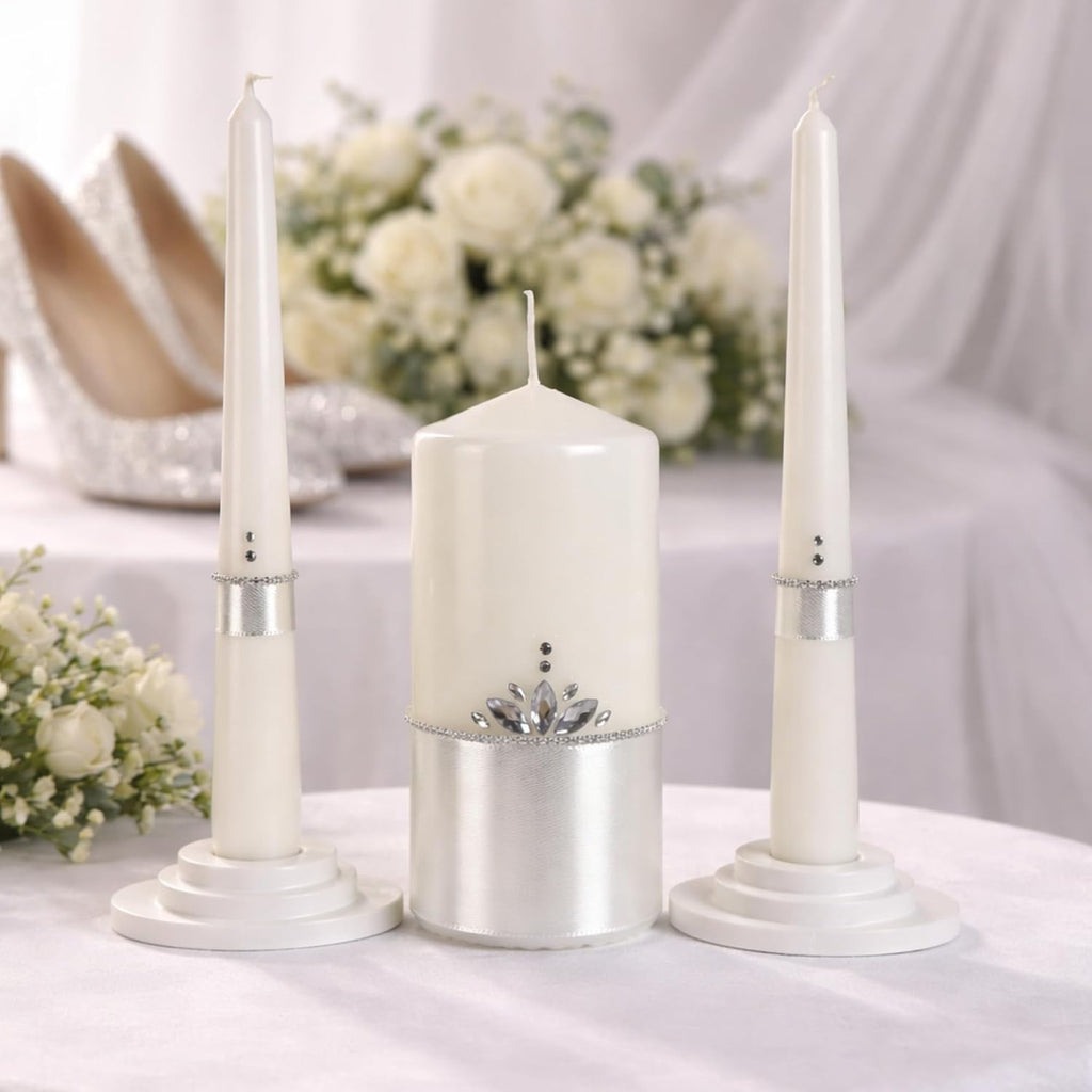 Crystal Satin Unity Candle Set for Wedding Ceremony Personalized Look, White 6" Pillar & 2 Taper 10" Marriage