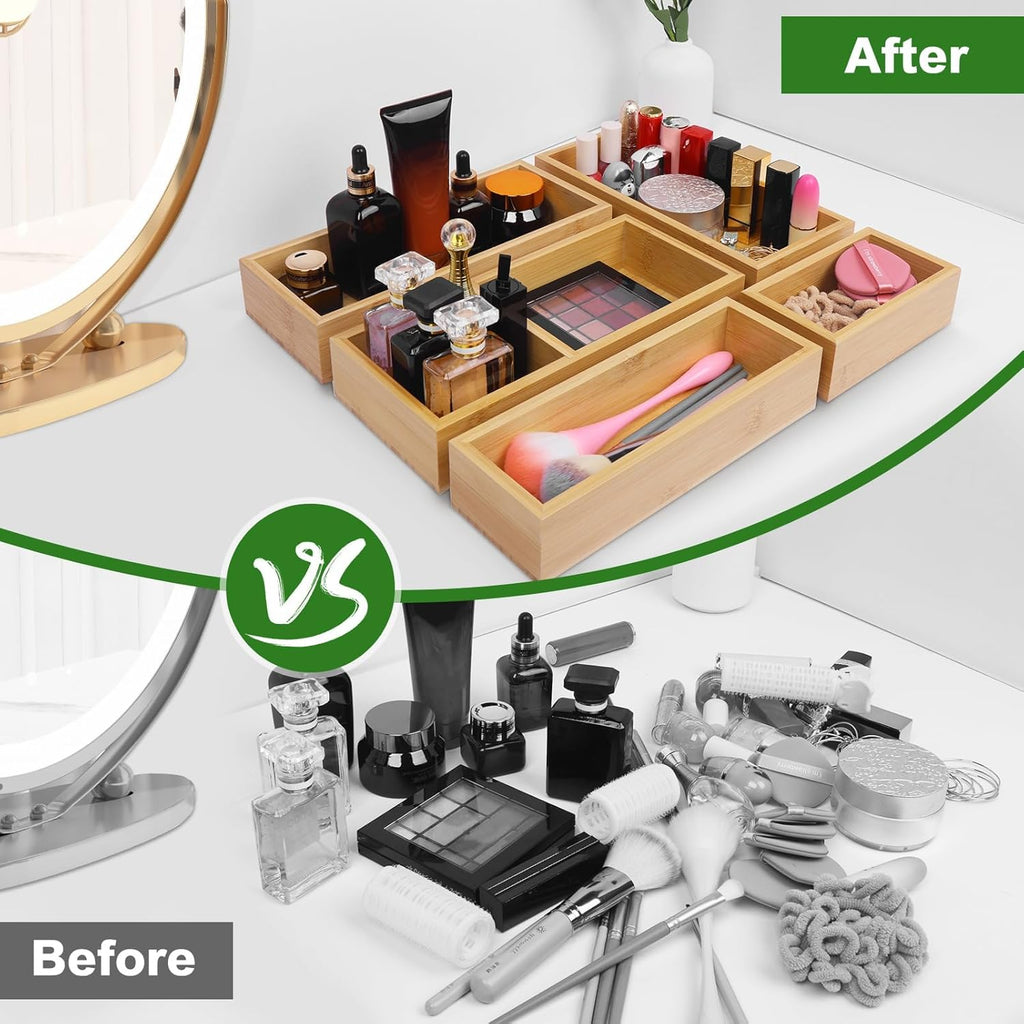 Bamboo Drawer Organizer Set, 5 PCS Multi-Use Individual Wood Storage Organizers, Junk Drawer Divider and Storage