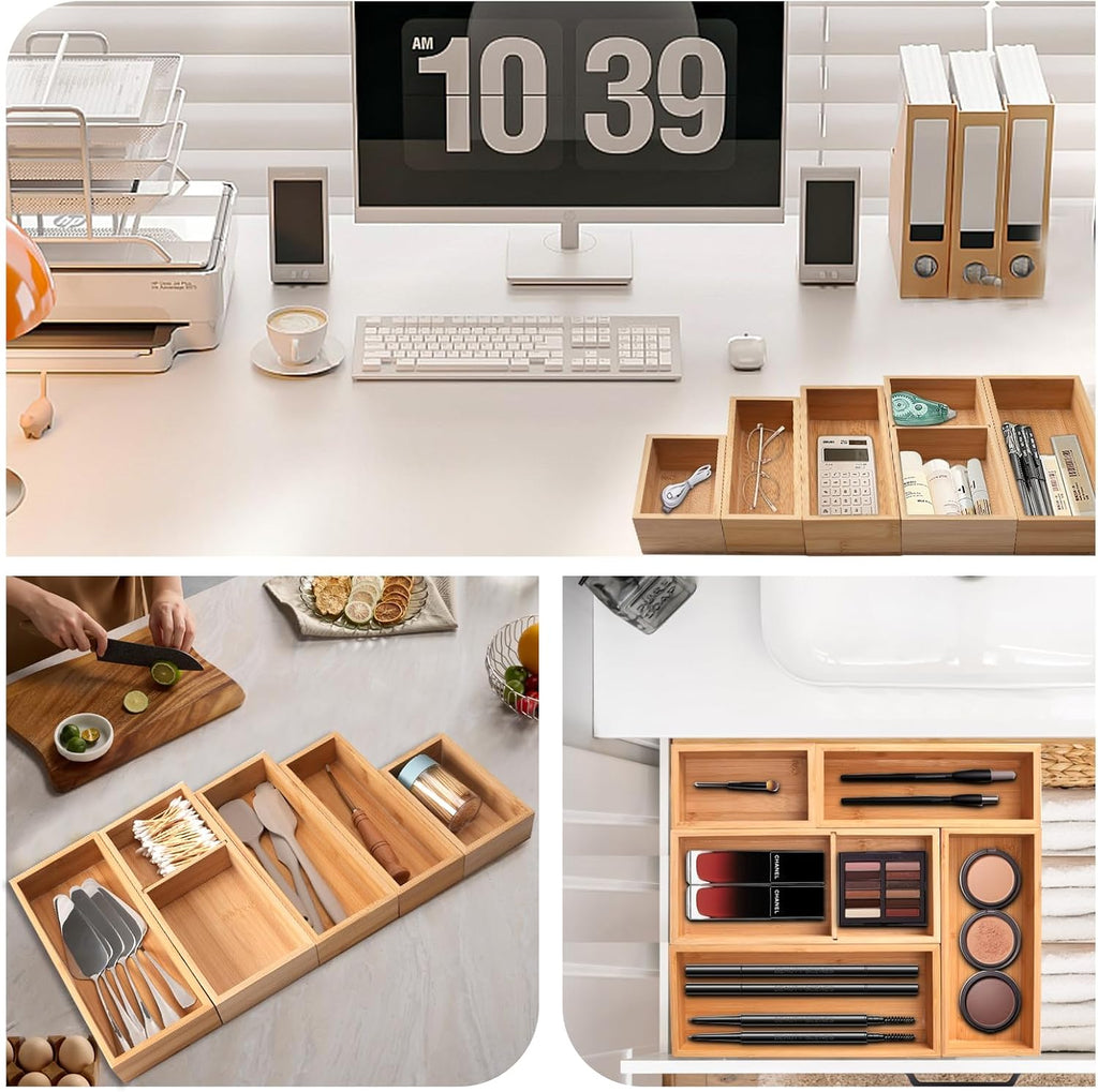 Bamboo Drawer Organizer 5 Pcs for Kitchen Multi-purpose Storage Dividers for Kitchen, Office, Jewelry, Cosmetics