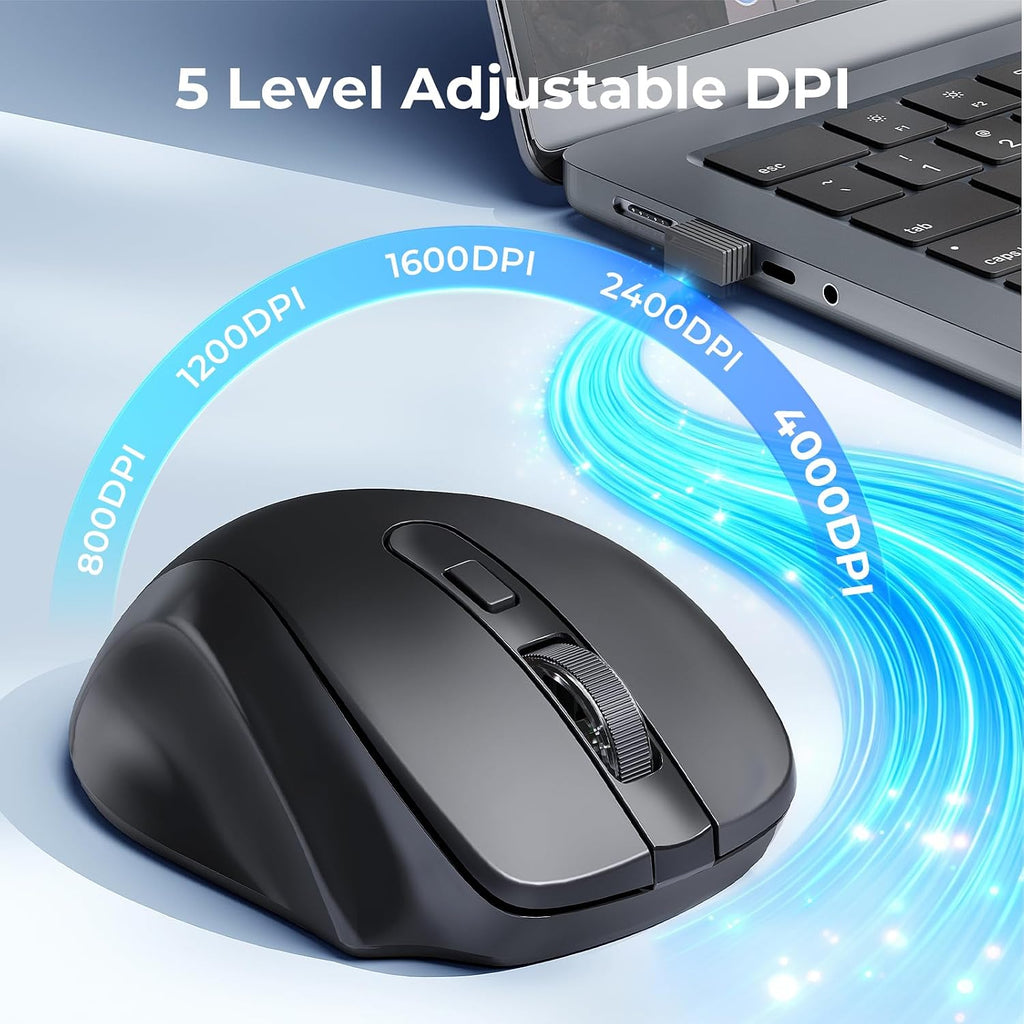Wireless Keyboard and Mouse Combo, 2.4G Full-Sized Ergonomic Computer Keyboard and 5 Level DPI Adjustable Wireless