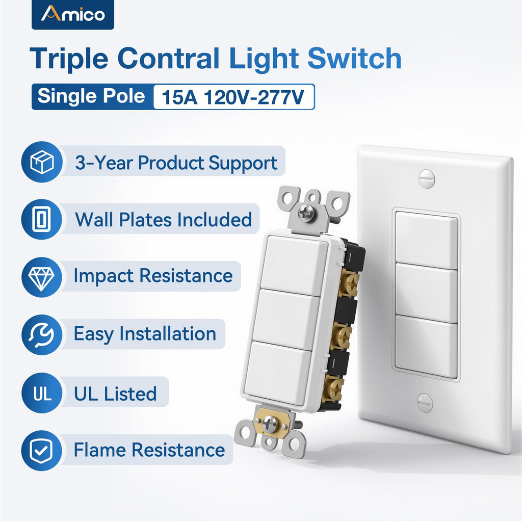 Amico 2 Pack Triple Light Switches, UL Listed 15 Amp 120/277V