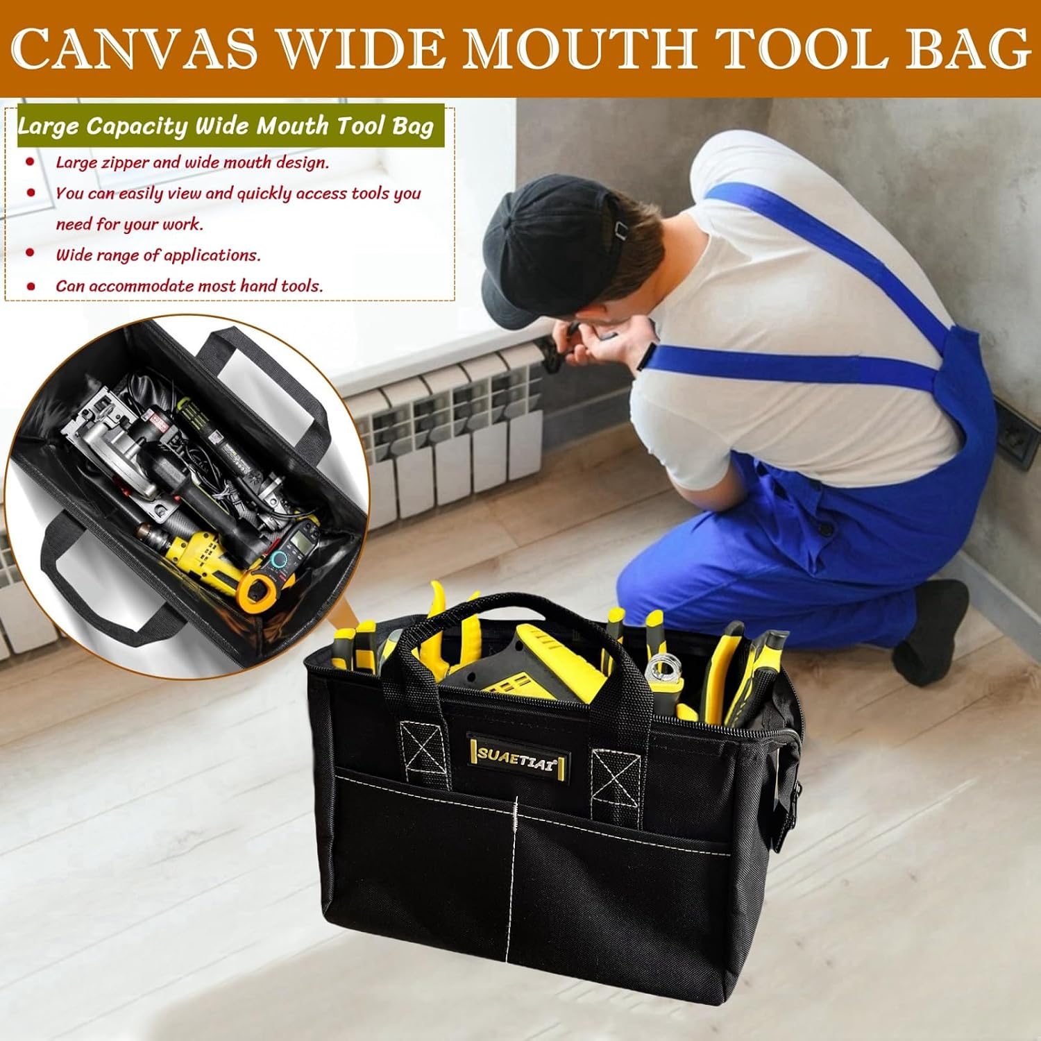 12 Inch Small Tool Bag for Men, Multi Pocket Small Tool Box, Canvas Tool Bags Organizer, Zipper Tool Tote for