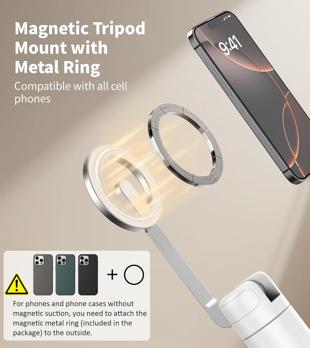 68" Magnetic Aluminum Phone Tripod Selfie Stick for iPhone & Android | Rechargeable Remote,360° Rotatable Foldable