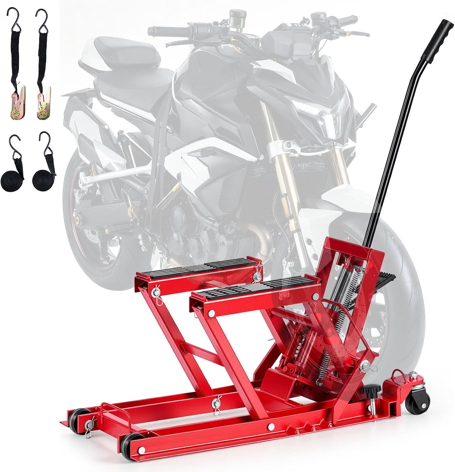 Hydraulic Motorcycle Lift Jack, 1500 lbs Capacity, ATV Lift Jack Portable Motorcycle Hoist Stand with 4 Wheels