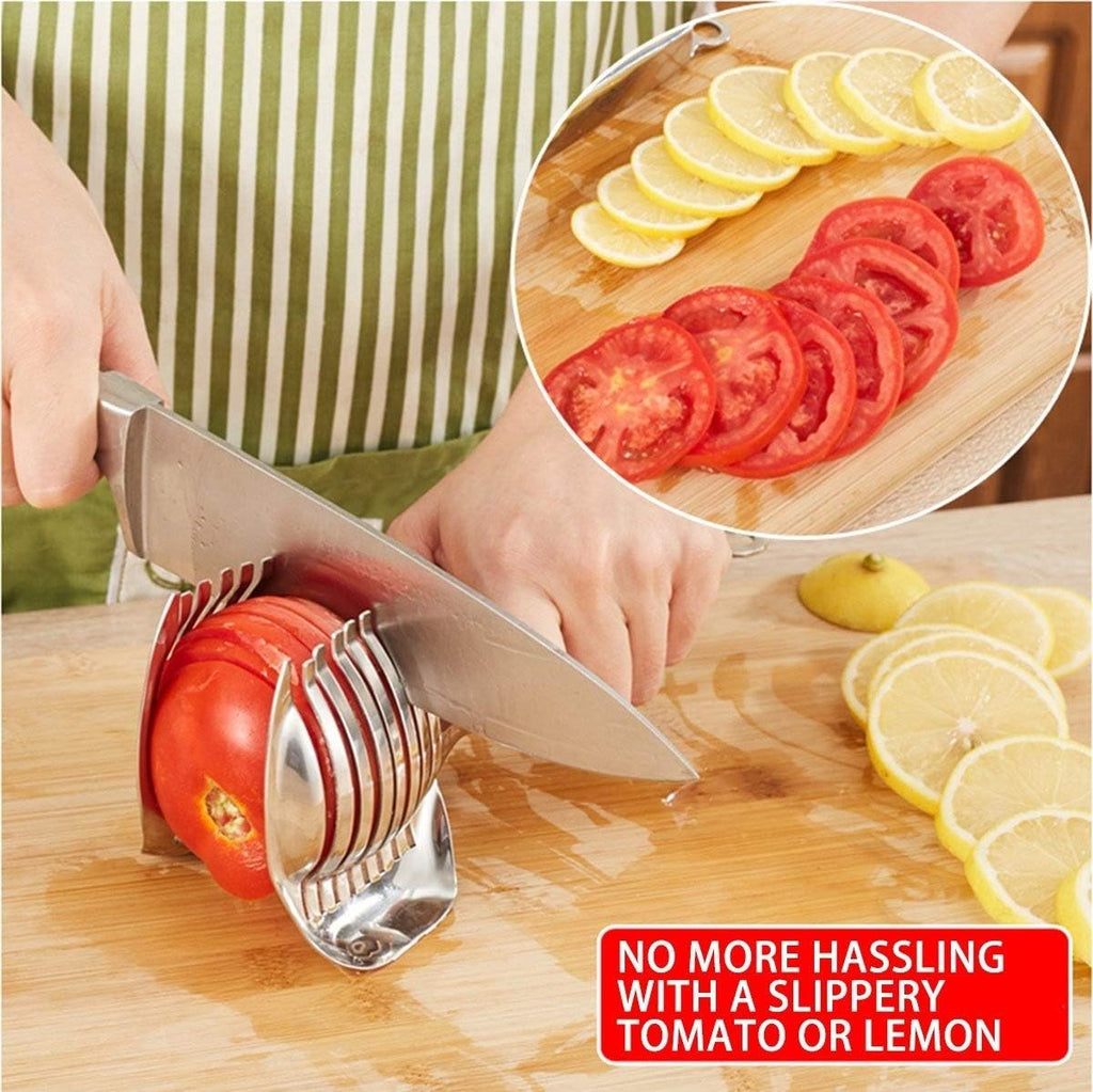 Tomato Slicer Lemon Cutter Multipurpose Handheld Round Fruit Tongs Stainless Steel Onion Holder Easy Slicing Kiwi