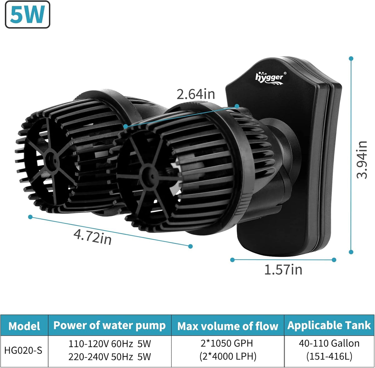 2100GPH Double Head Aquarium Wave Maker, Quiet 5W Aquarium Circulation Pump, with Strong Magnetic Suction Base