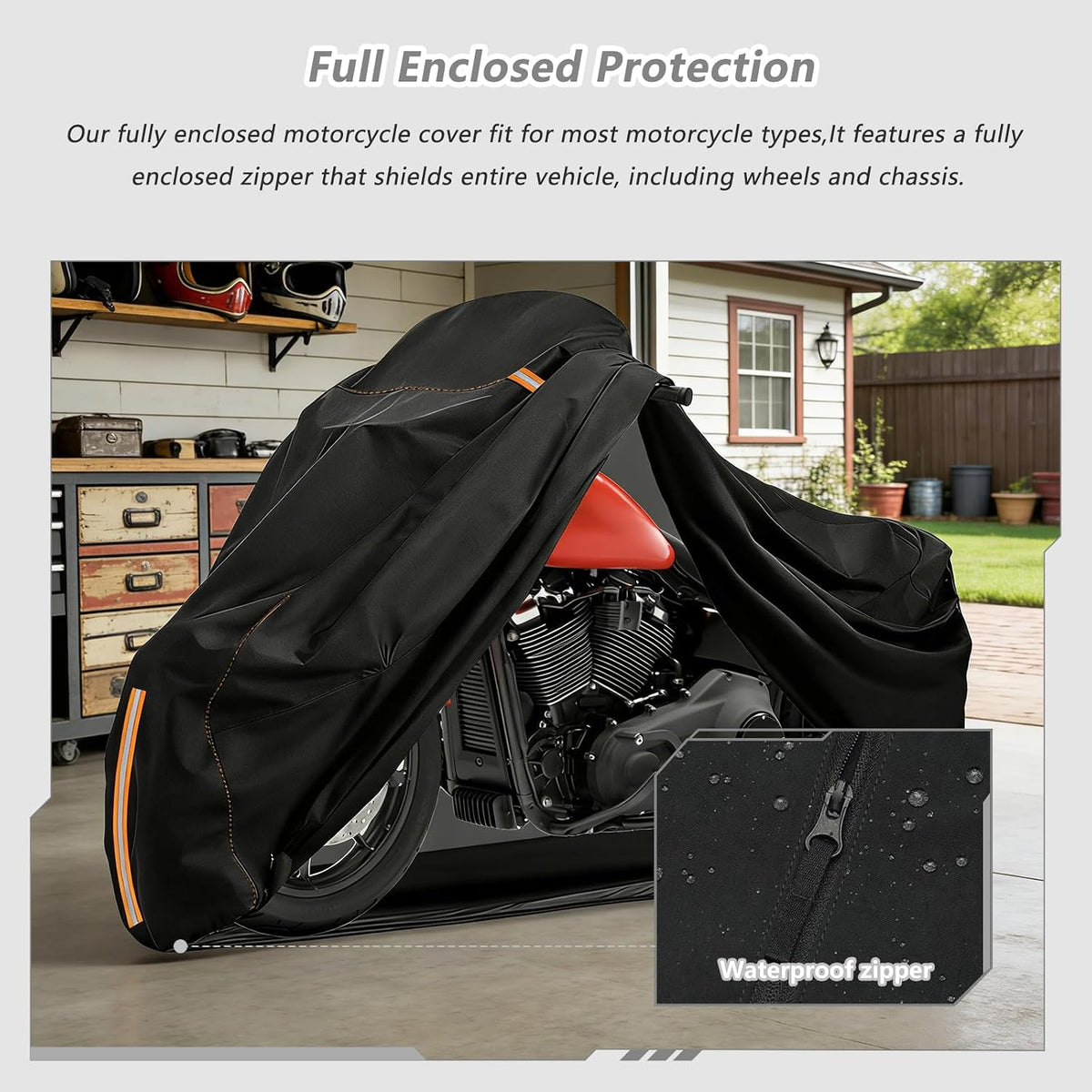 Full Enclosed Motorcycle Cover Waterproof,Heavy Duty 600D Oxford Outdoor Indoor Motorcycle Full Cover with All-Round