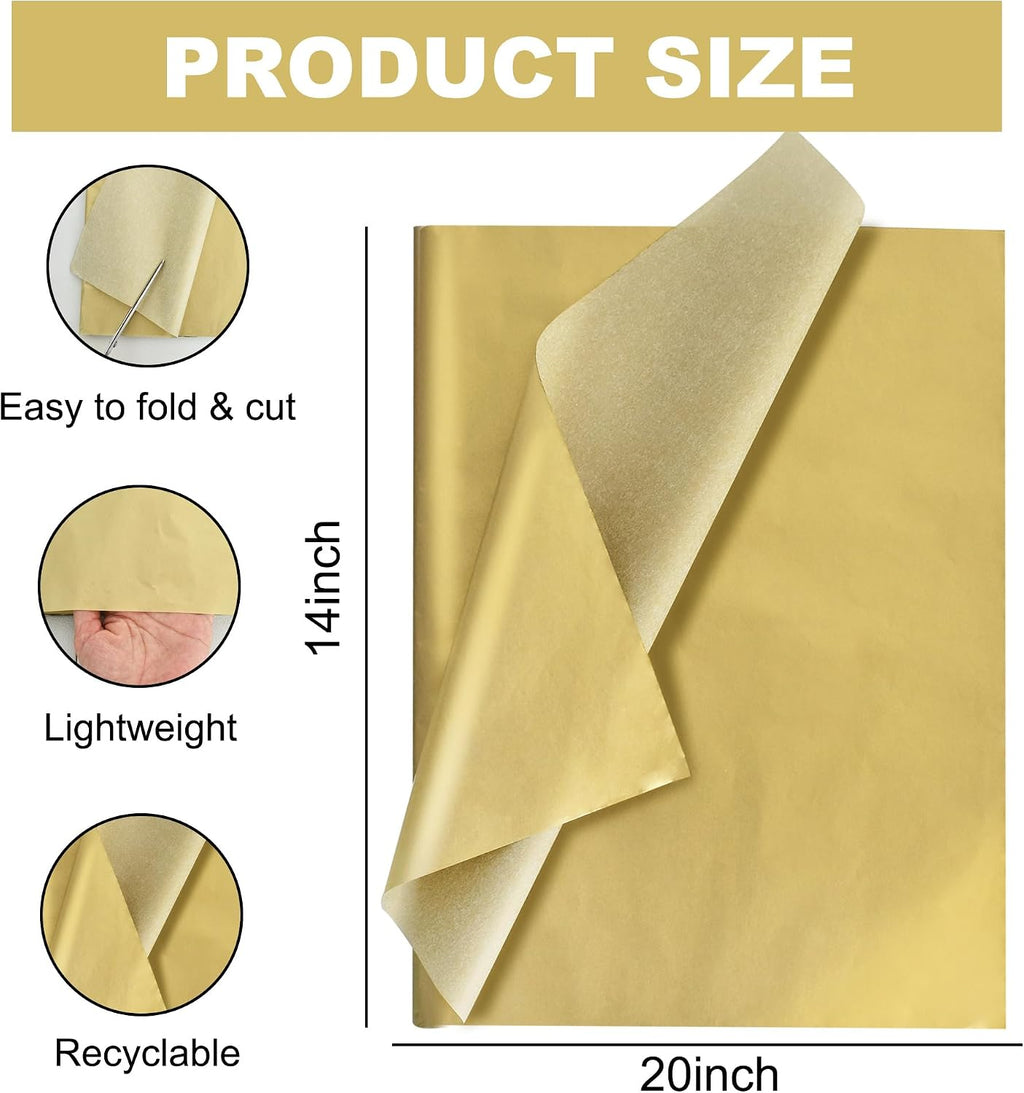 100 Sheets Gold Tissue Paper Bulk, Metallic Wrapping Tissue Paper for Gift Bags, 14 x 20 Inch Gift Wrap for Birthday
