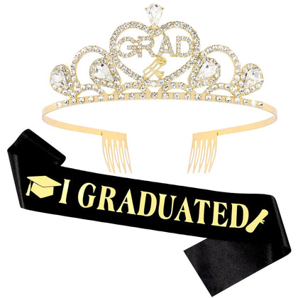 Gold GRAD Crown and I GRADUATED Sash Set Gold Graduation Decorations Graduate Tiara and Sash Class Of 2026 Regalia