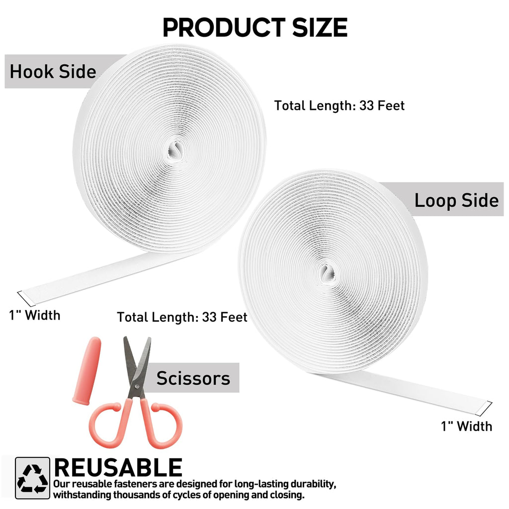 33Ft x 1 Inch Hook and Loop Tape with Adhesive Backing, Heavy Duty Double Sided Adhesive Strips, Strong Sticky Strips