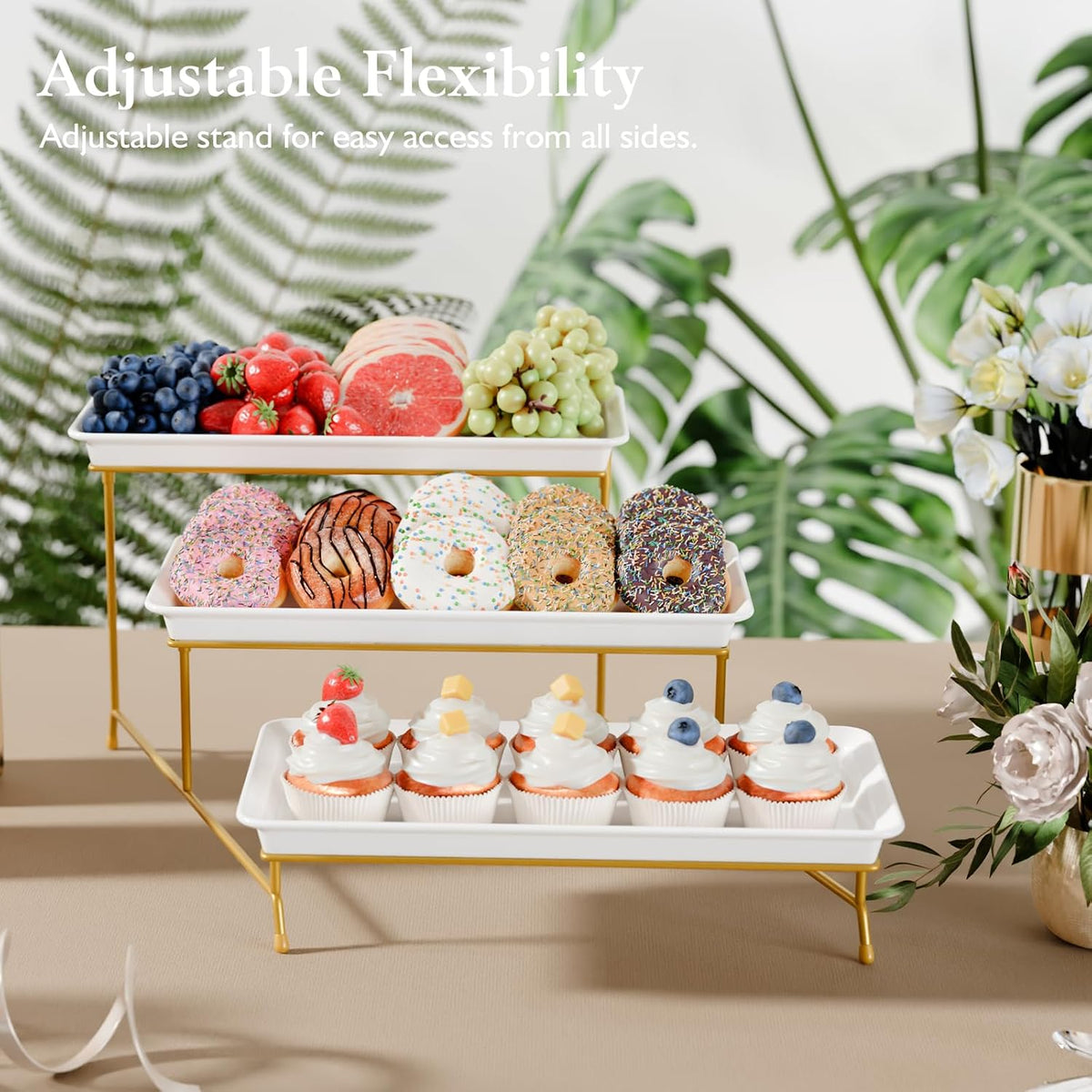3-Tier Melamine Serving Tray Set, 14 x 7 in, Gold Stand