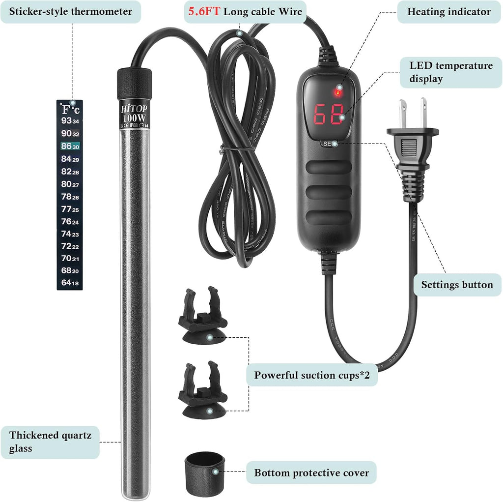 Compact Submersible Aquarium Heater -100w Digital Heater for Fish Tank Turtle Tank