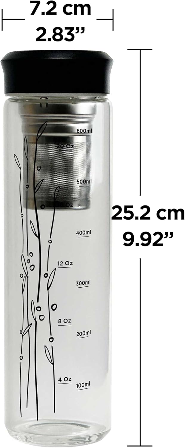 23 oz Glass Water Bottle with Tea Infuser Strainer and Black Stainless Steel Lid - Tea Infuser Bottle