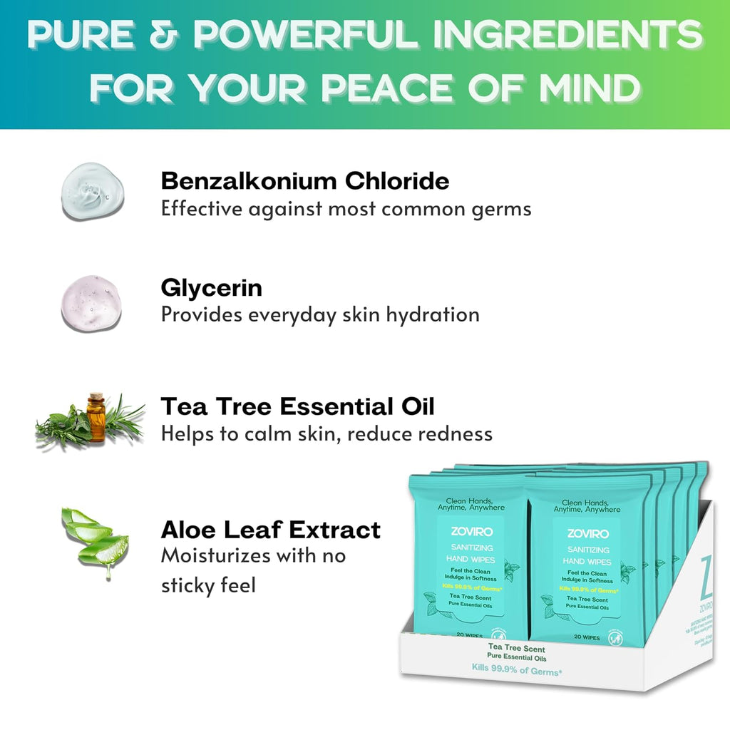 Hand Sanitizer Wipes, Moisturizing With Tea Tree Essential Oil, Ultra-Soft 100% Viscose, Hand Wipes Travel Size, Tea