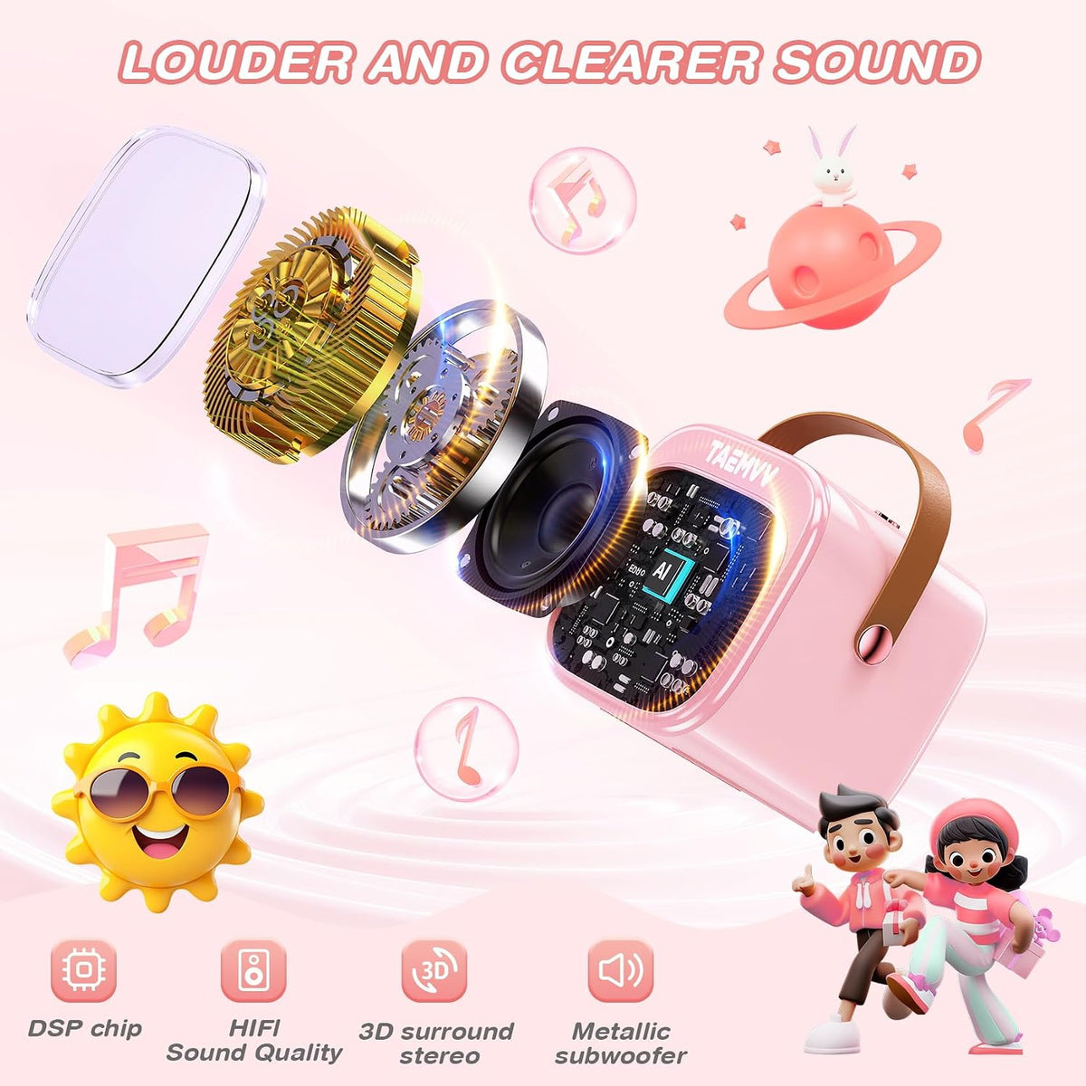 Mini Karaoke Machine for Kids with 2 Wireless Microphones, Pink | Karaoke Speaker, Bluetooth, Magic Voice Changer