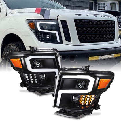 For 2016-2024 Nissan Titan Projector Headlights w/LED Light Tube Signal- Black Housing Assemblies